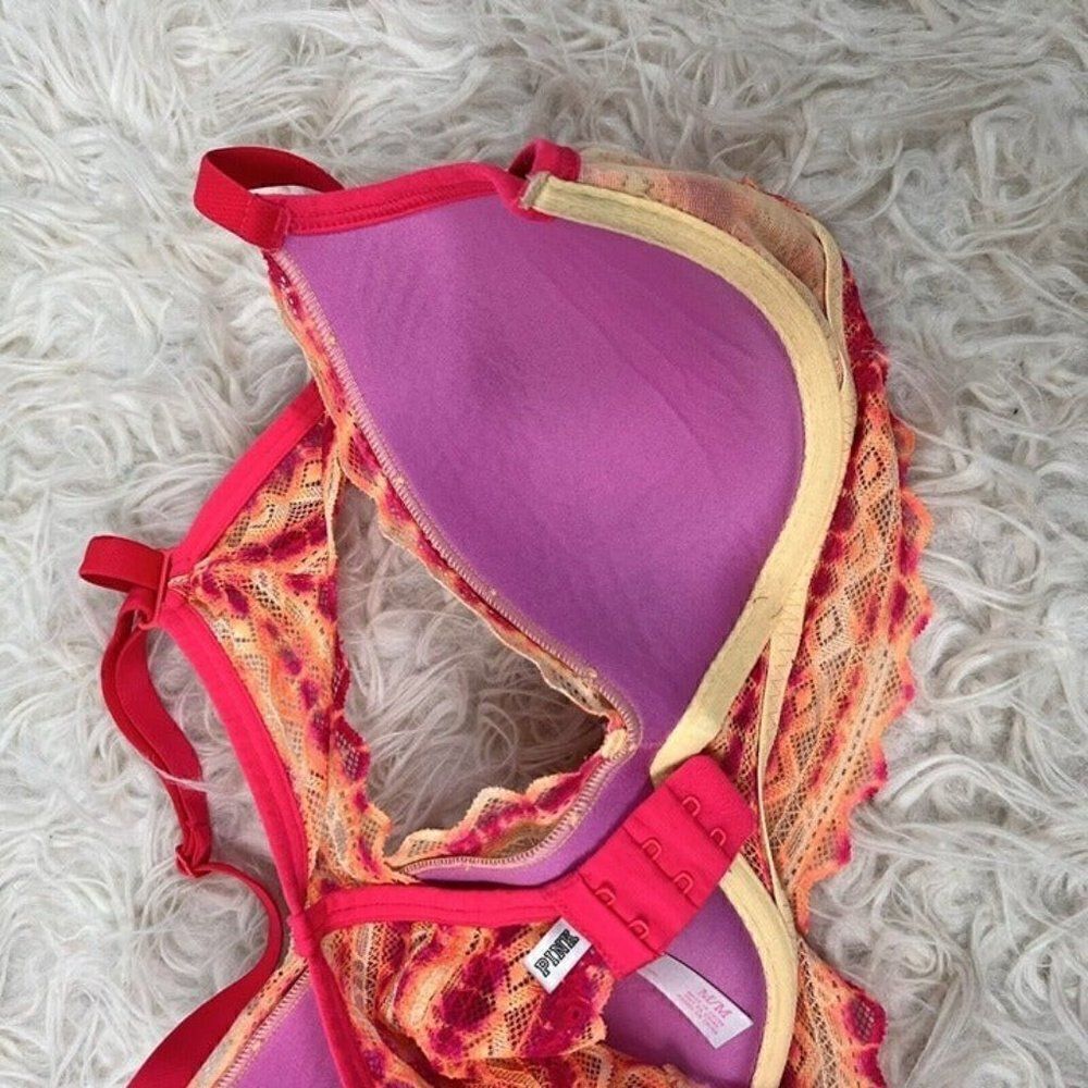 Pink By Victoria's Secret Orange & Pink Lace Tie Dye Racerback Padded Bra Medium - Picture 3 of 12